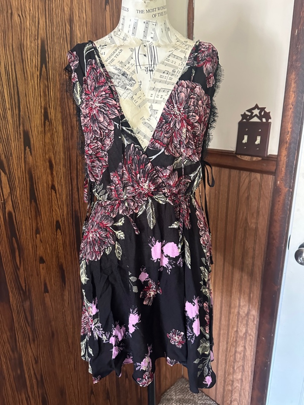 Free People Black Mini Wrap Dress with Pink Floral Print